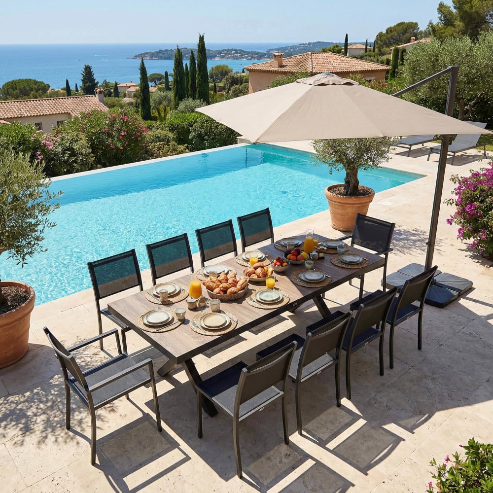 Table de jardin aluminium et céramique et 10 assises anthracite