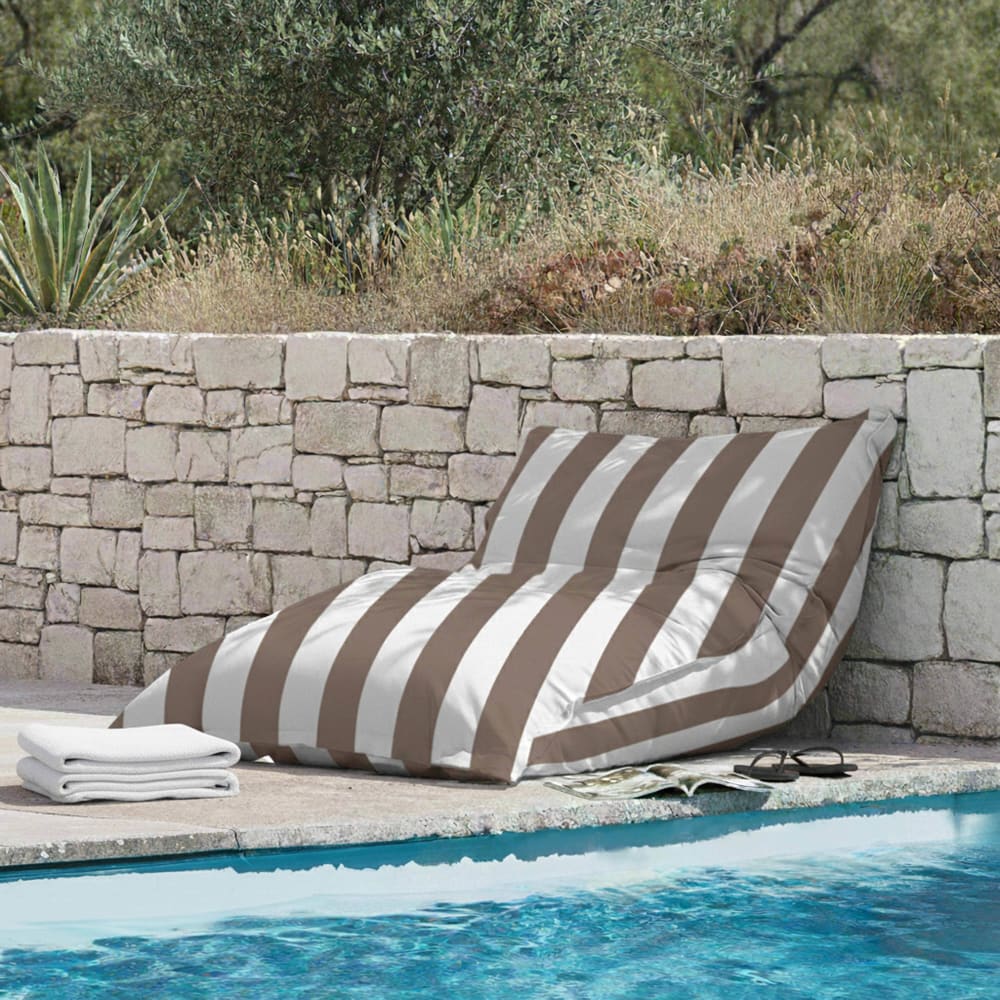 Pouf rayé XXL imperméable coussin géant 180x145 cm taupe et blanc