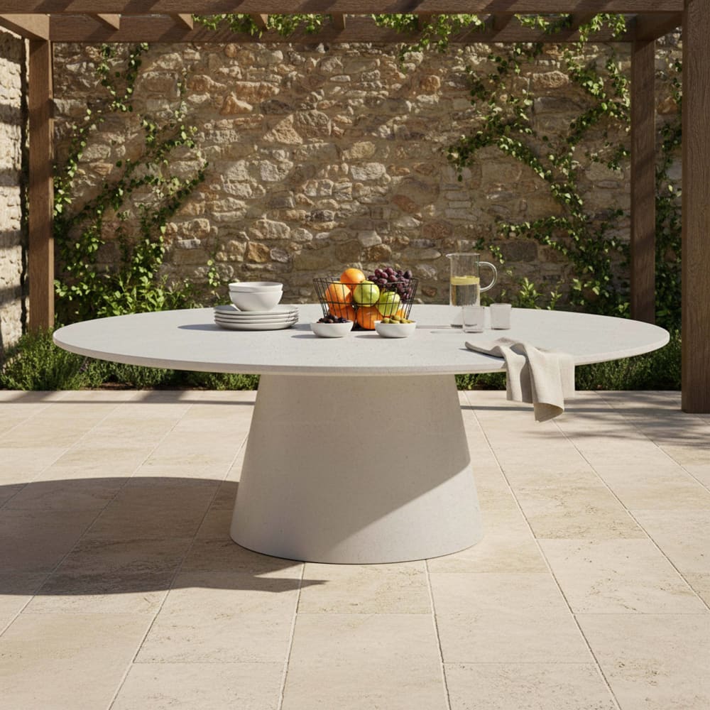 Table de jardin ovale effet béton lisse 8 places 200x110 cm blanc
