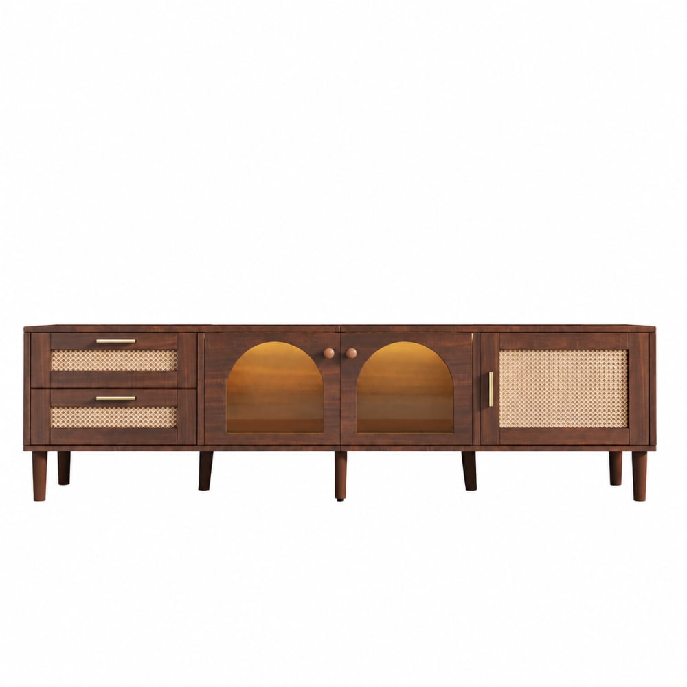 MODFU TV-Schrank mit Rattan, LED und Schubladen aus Spanplatte 180 cm, braun style vintage - Spanplatte