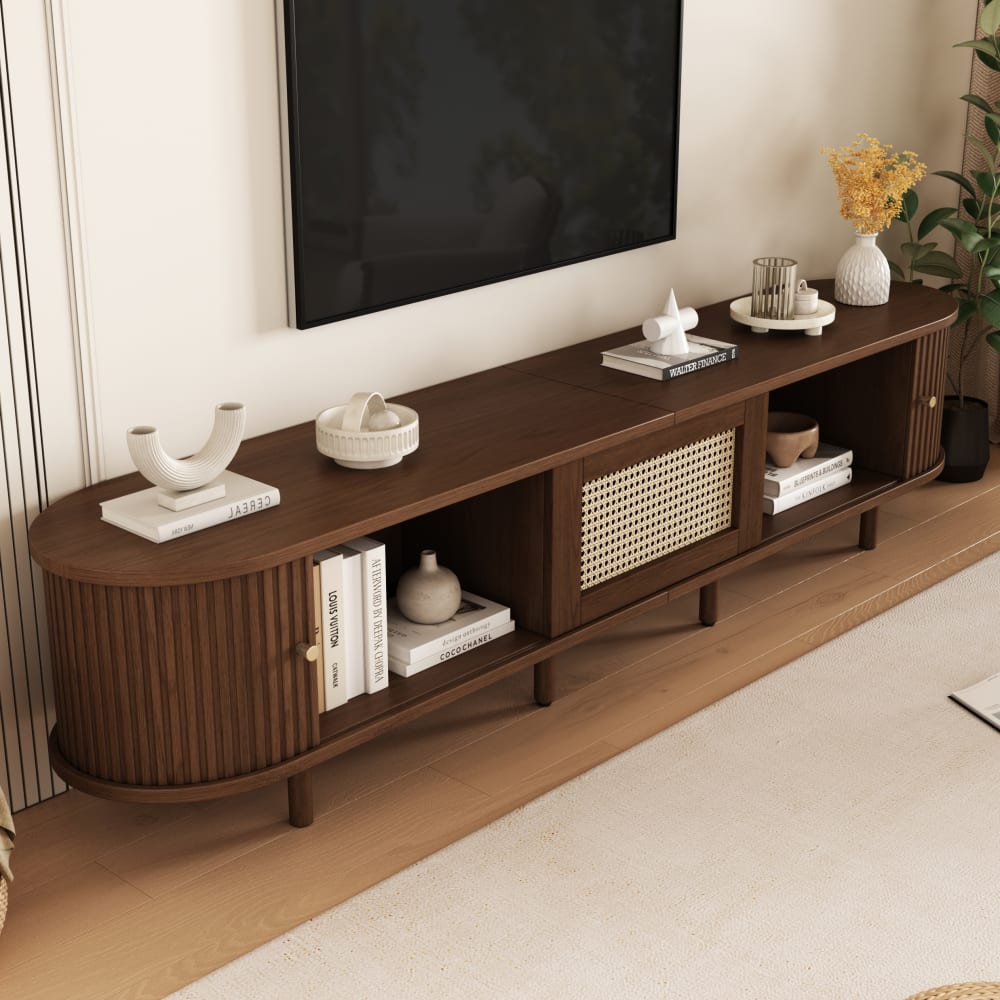 Meuble TV 180x40x40 cm en MDF noyer, tiroir et 2 portes coulissantes
