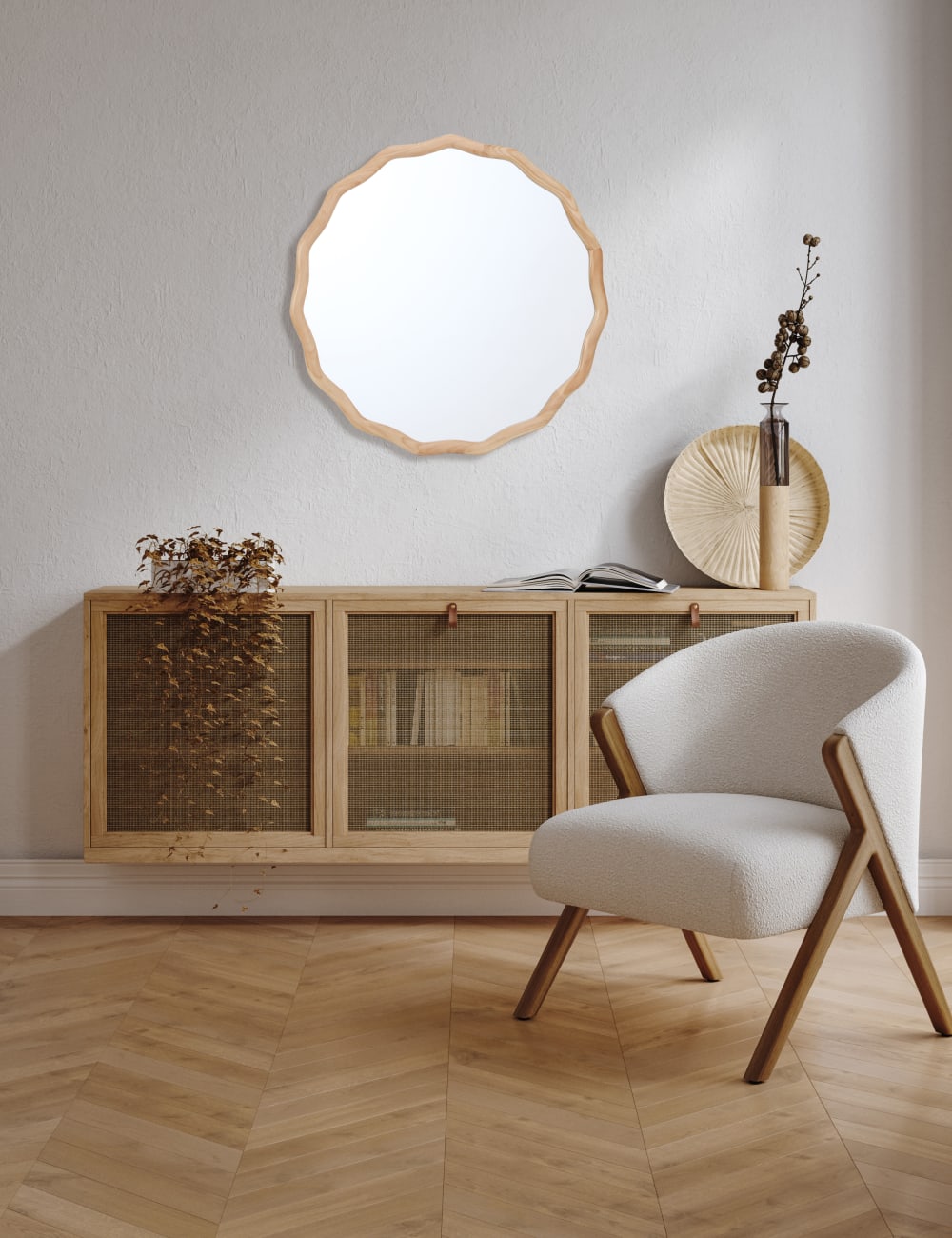 Miroir rond bois ondulé 60cm marron