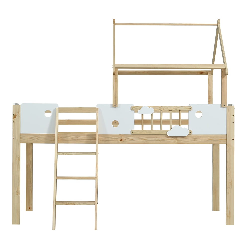 Hochbett aus Massivholz mit Dachdesign und Leiter 90x200 cm, weiß