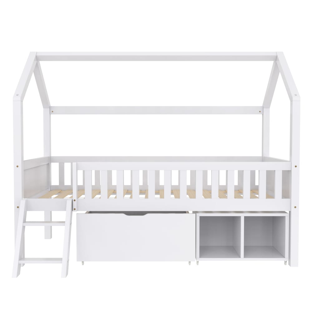 Lit enfant style cabane en pin blanc avec rangements 90 x 200 cm