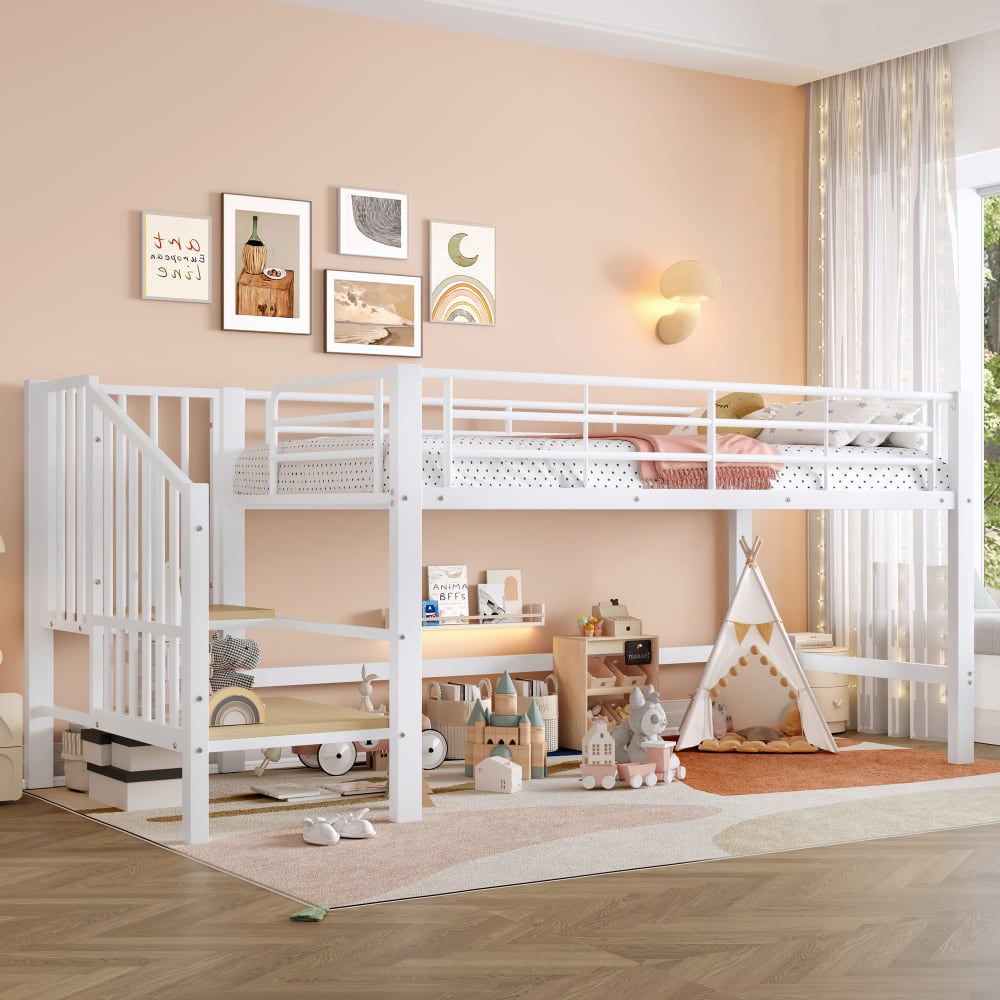 Hochbett aus MDF und Metall mit Stauraumtreppe 90x200 cm, weiß -