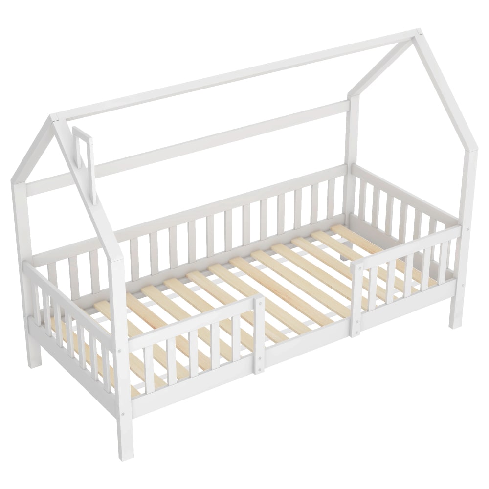 Lit enfant en forme de maison en pin blanc avec barrière 90 x 200 cm