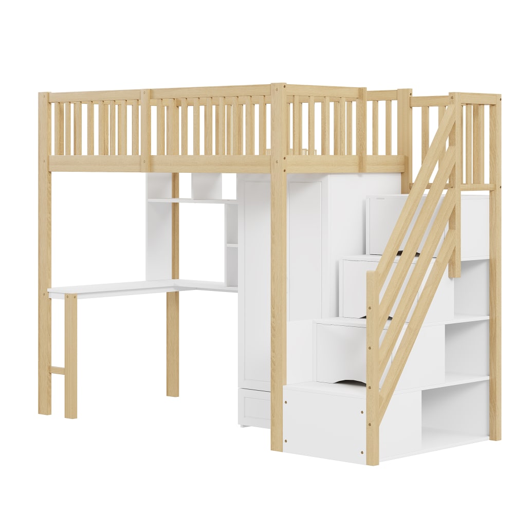 Lit mezzanine en pin blanc et bois avec armoire 90 x 200 cm