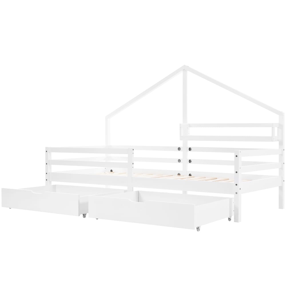 Lit enfant en forme de maison en pin blanc avec tiroirs 90 x 200 cm