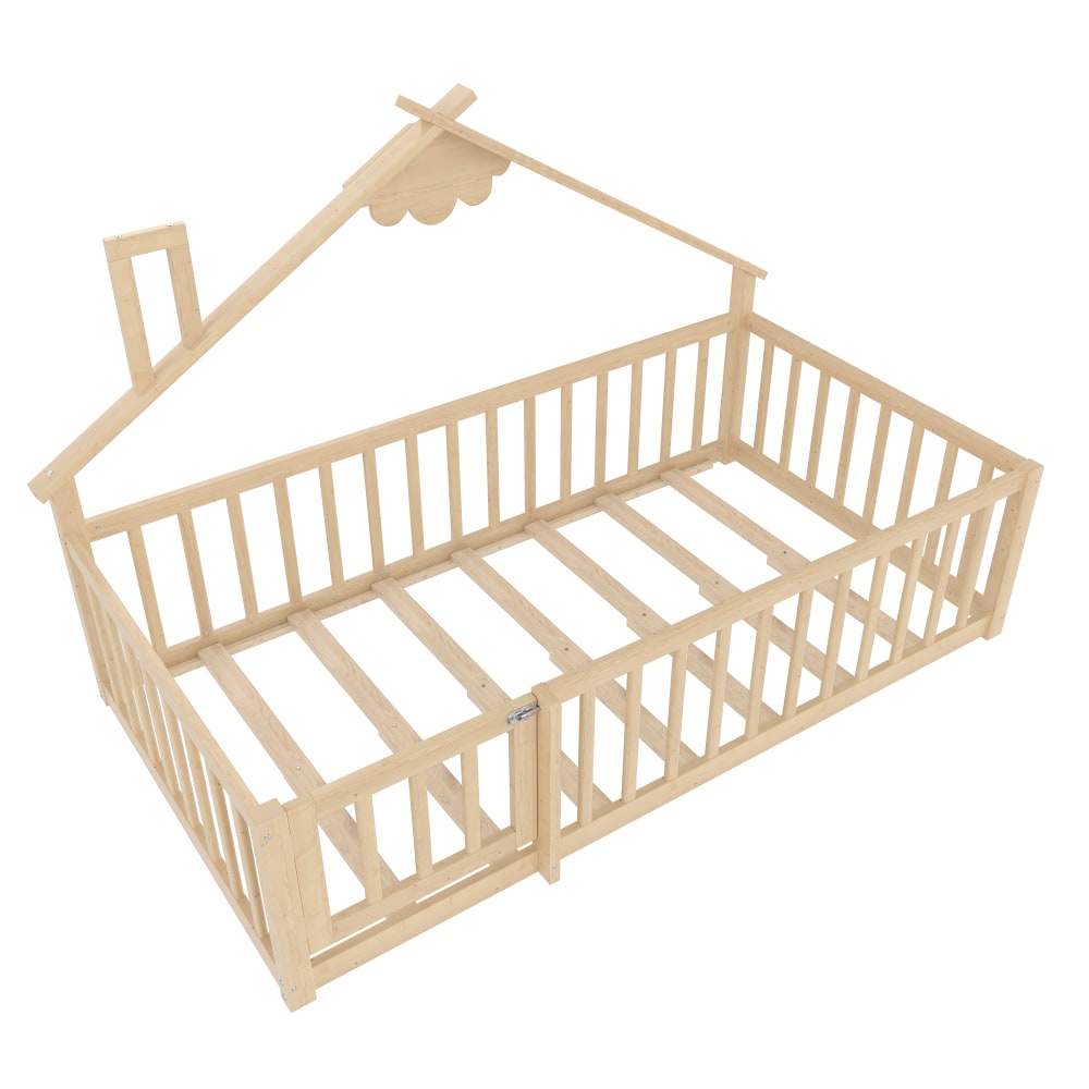 OKWISH Kinderbett aus Kiefer mit Hausrahmen und Geländer 90x190 cm, braun Holz Baby