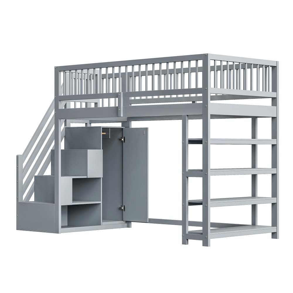 Lit mezzanine en bois massif gris avec rangement 90 x 200 cm