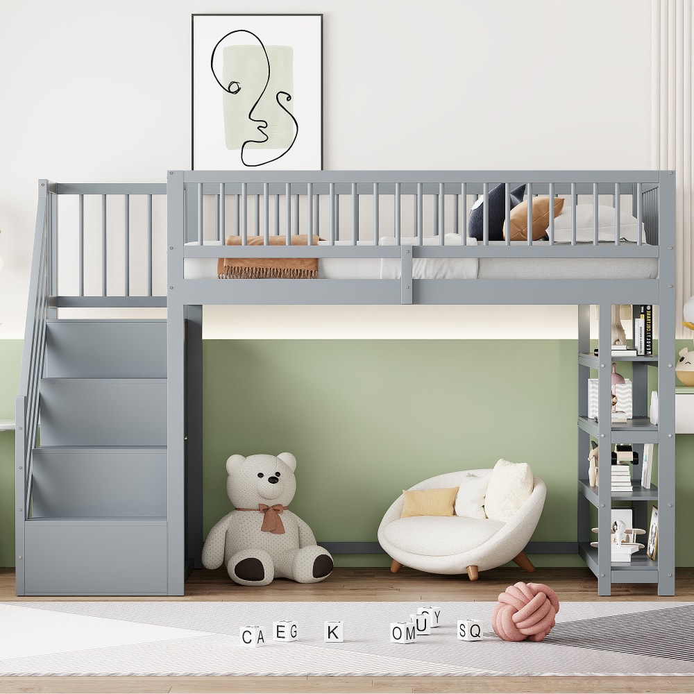Hochbett aus Kiefer mit Schrank und Regalen 90x200 cm, grau -