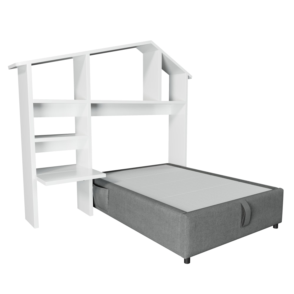 Lit enfant en lin gris avec rangement et USB 90 x 200 cm