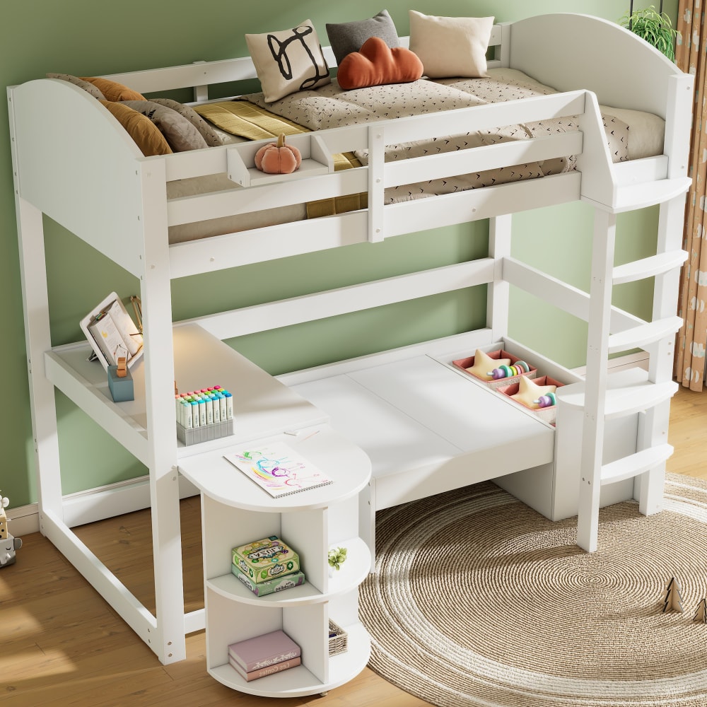 OKWISH Hochbett aus Massivholz mit Tisch und Sofa 90x200 cm, weiß Baby -