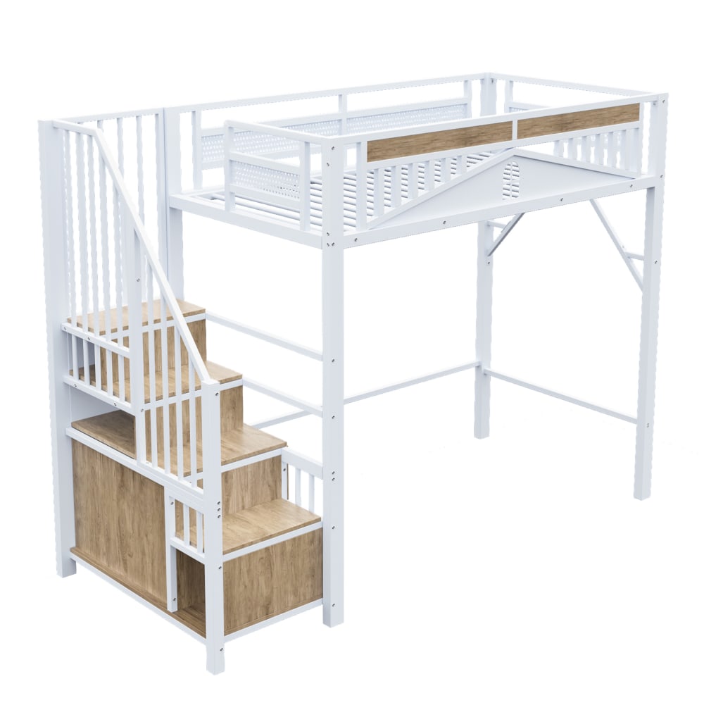 Lit mezzanine 90x200 cm en métal blanc avec escalier et rangements Lit mezzanine 90x200 cm en métal blanc avec escalier et rangements