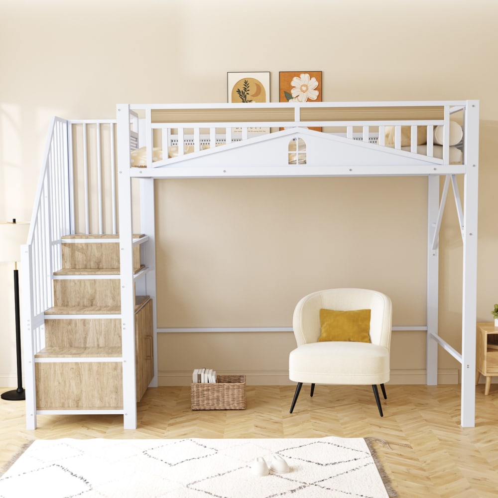 Hochbett 90x200 cm aus Metall mit Treppe und Stauraum, weiß -