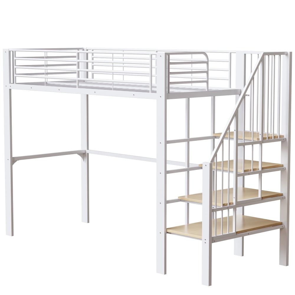 OKWISH Hochbett aus Metall und Holz mit Treppe und Stauraum 90x200 cm, weiß Metall Baby