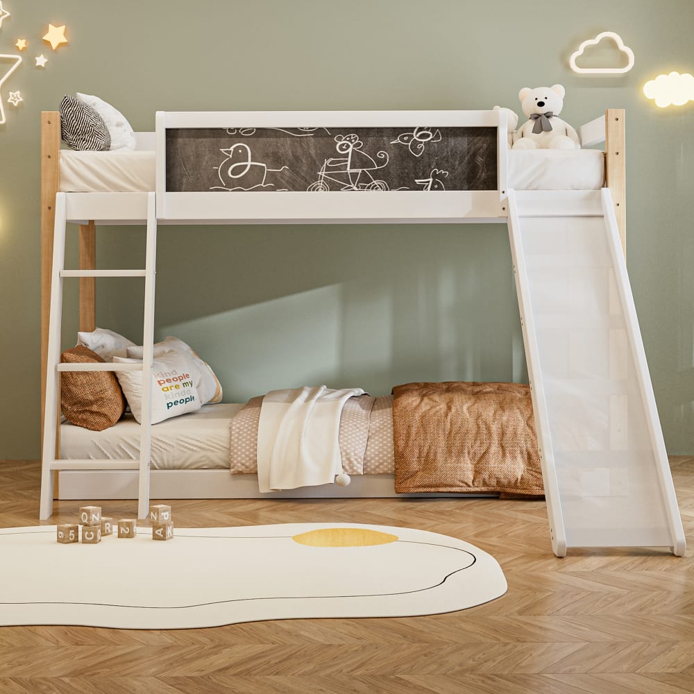 Etagenbett aus Holz mit Rutsche und Treppe 90x190/200 cm, weiß -