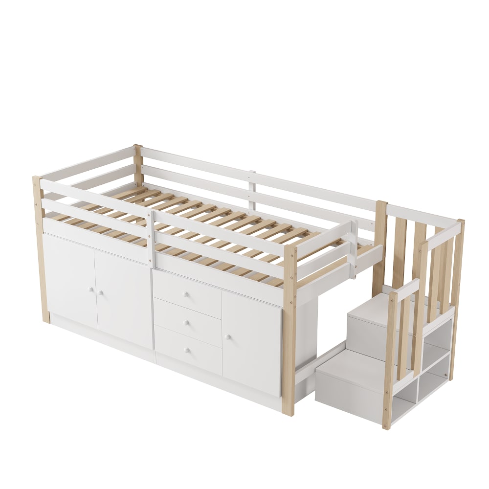 Lit mezzanine blanc avec escalier et rangements 90 x 200 cm