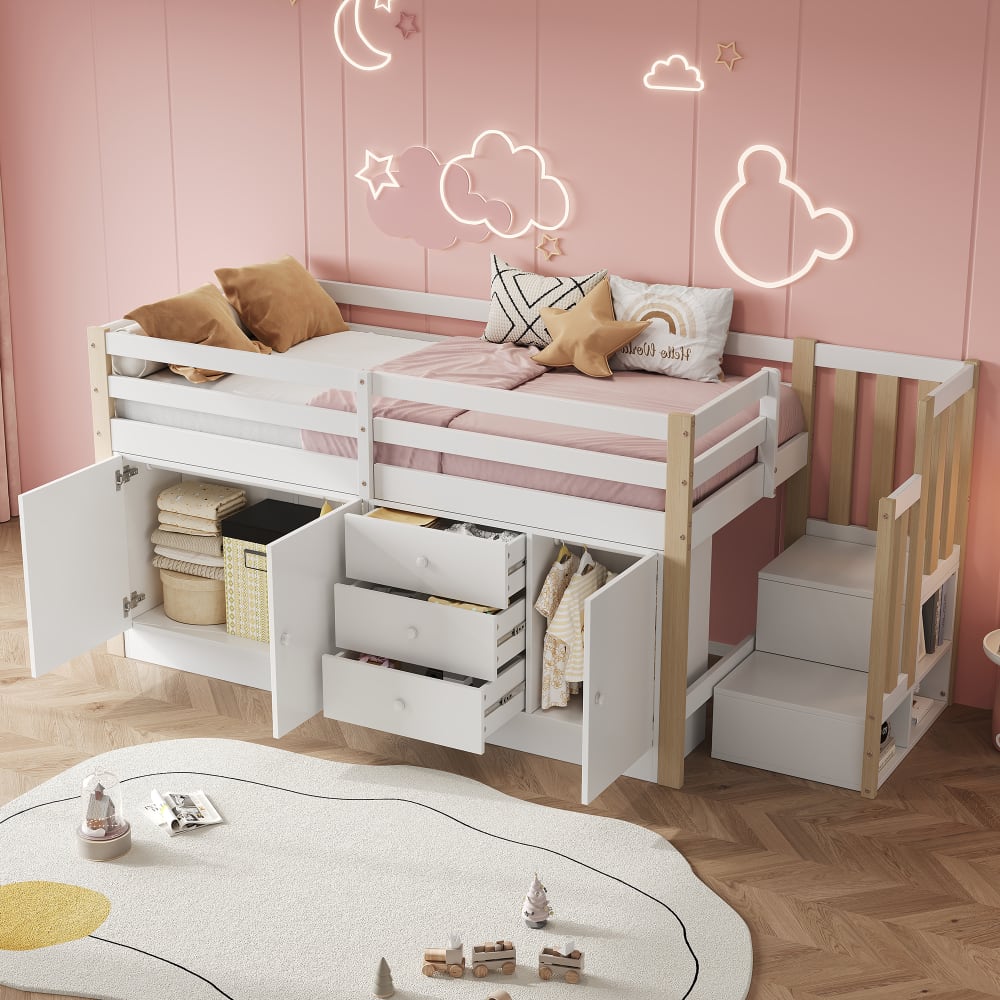 Hochbett aus MDF mit Treppe und Stauraum 90x200 cm, weiß -