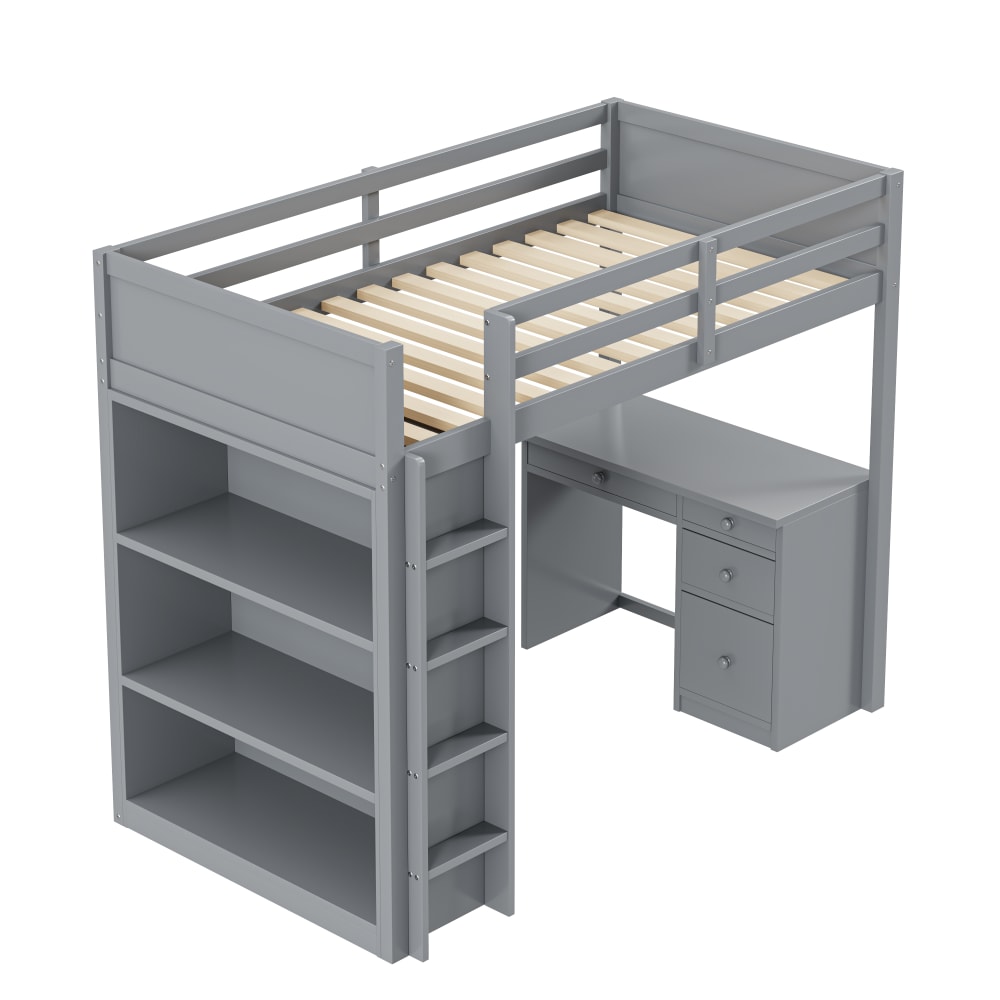 Lit mezzanine en bois massif gris avec bureau 90 x 200 cm