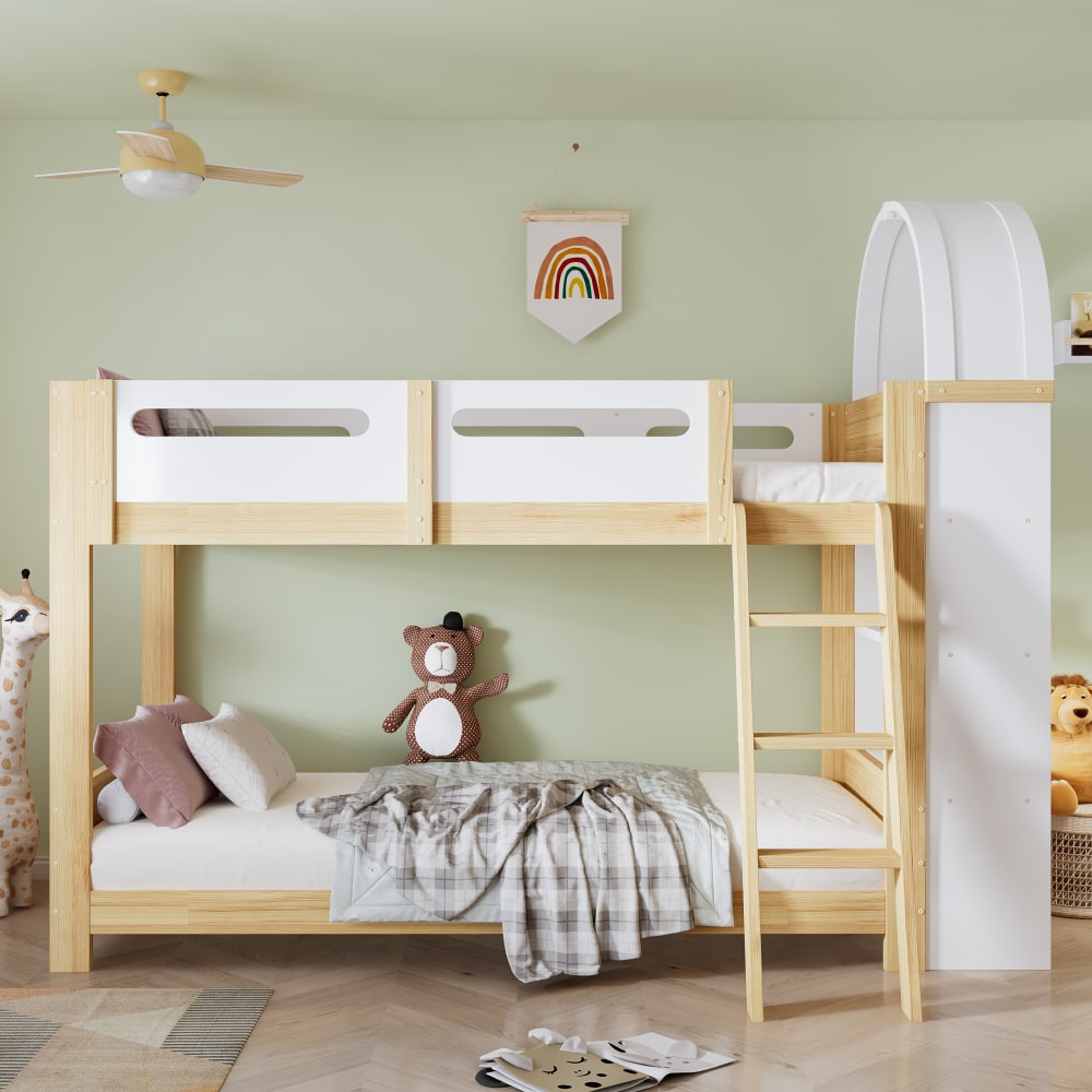 OKWISH Etagenbett aus Kiefer mit Regal und Trittleiter 90x200 cm, weiß+natur Holz Baby