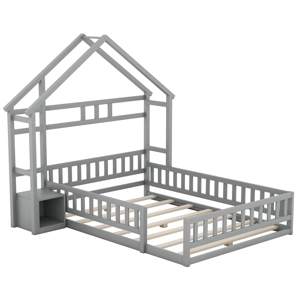 Lit enfant en forme de maison en pin gris avec chevet 140 x 190 cm