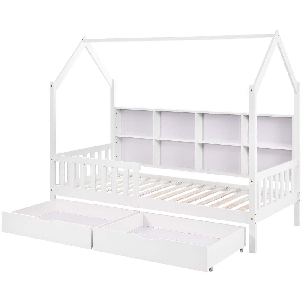 Lit enfant en forme de maison en pin blanc avec tiroirs 90 x 200 cm