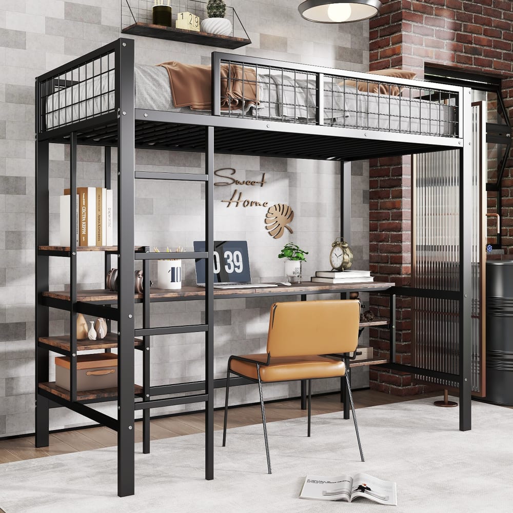 Etagenbett aus Metall mit Tisch und Regal 90x200 cm, schwarz -