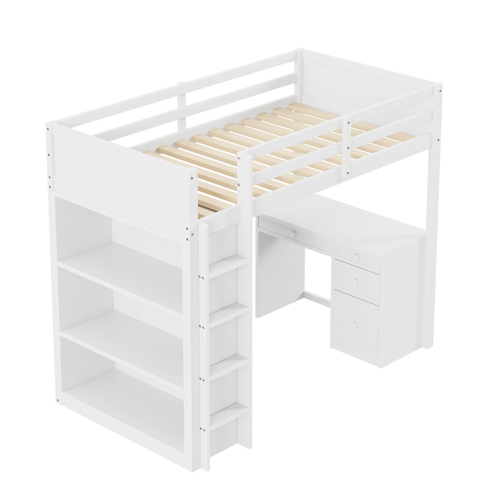 Lit mezzanine en bois massif blanc avec bureau 90 x 200 cm