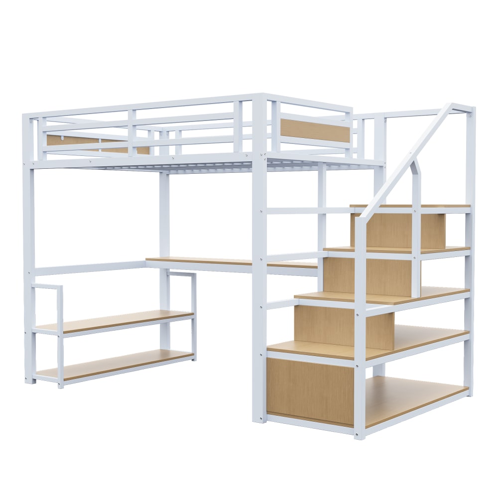 Lit mezzanine en métal blanc avec rangements et bureau 140 x 200 cm