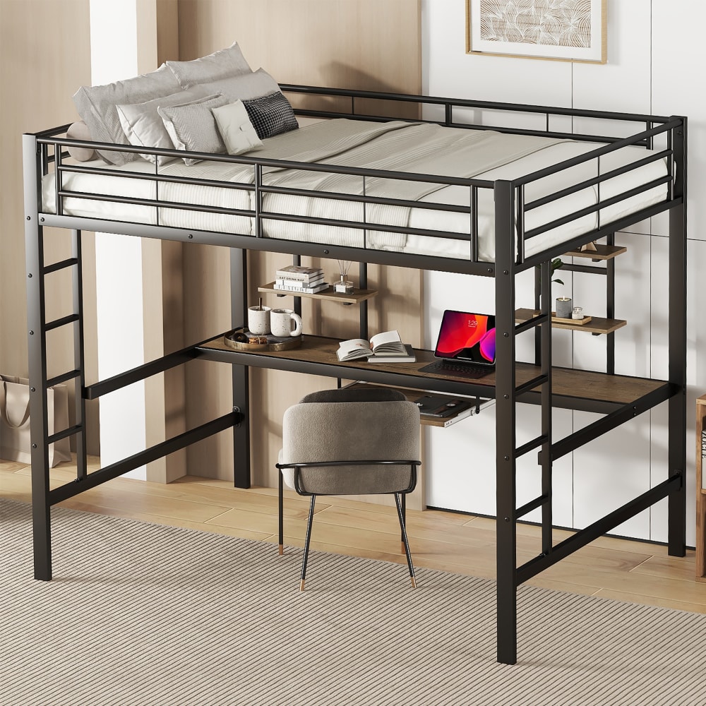 Hochbett aus Metall mit Schreibtisch und Regalen 140x200 cm,