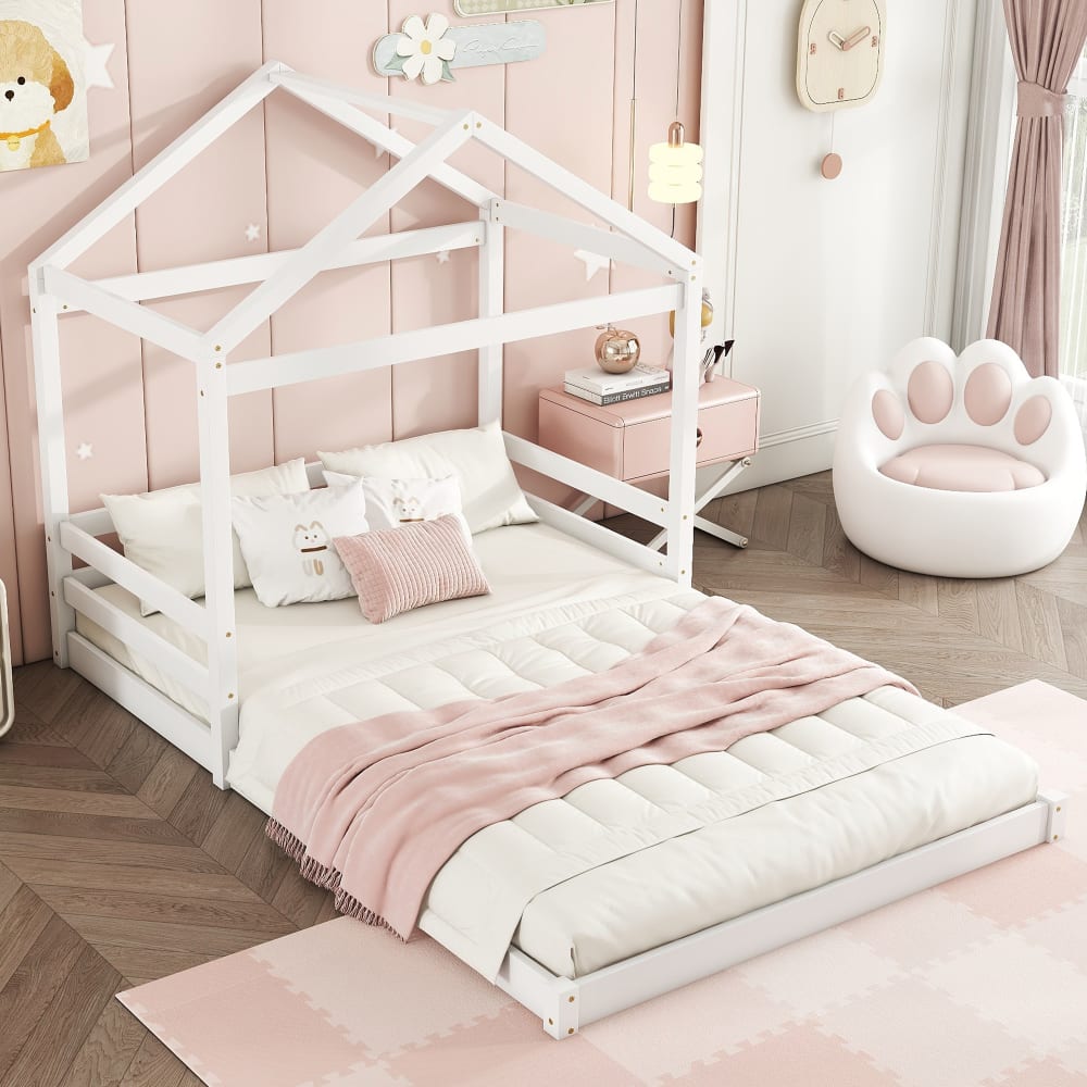OKWISH Hausbett aus Kiefer mit Lattenrost 140x200 cm, weiß Holz Baby