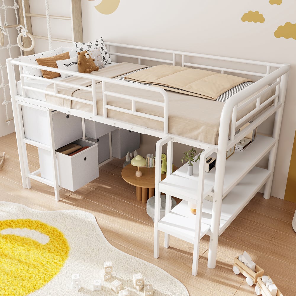 OKWISH Hochbett aus Metall mit Treppe und Stauraum 90x200 cm, weiß Metall Baby