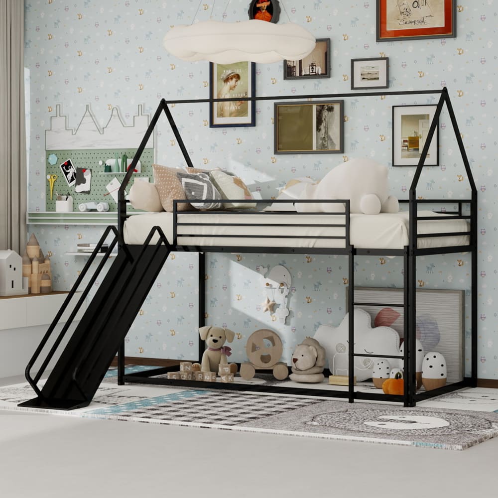Etagenbett aus Eisen mit Rutsche und Leiter 90x200 cm, schwarz -