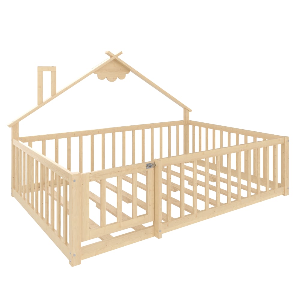 Lit enfant en forme de maison en pin avec barrière 140 x 190 cm