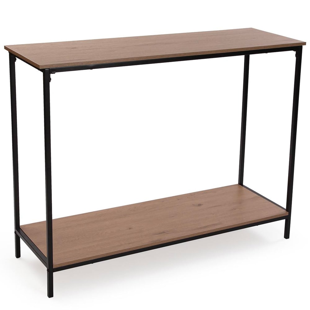 Console 2 plateaux effet bois et métal noir 106x35x81cm
