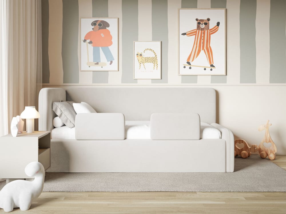 Kinderbett mit Kopfteil links, Matratze, Rausfallschutz, Samt,