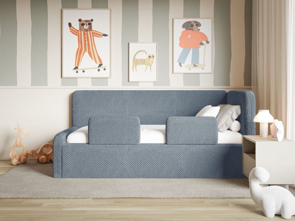Jugendbett mit Kopfteil rechts, Bettkasten, Plüsch, Blau -