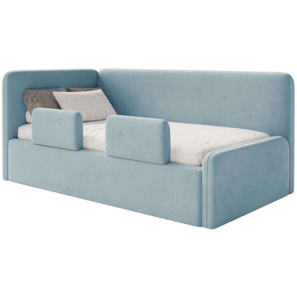 Selsey Kinderbett mit Kopfteil links, Matratze, Rausfallschutz, Samt, Blau style modern BLAU STOFF Baby
