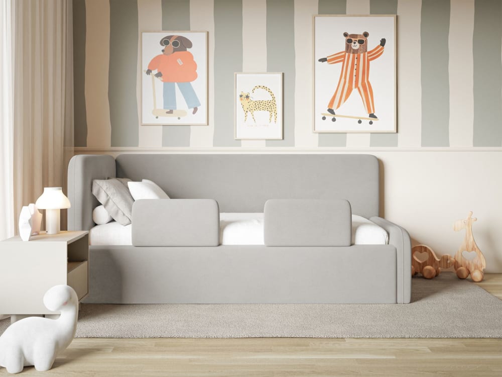 Kinderbett mit Kopfteil links, Rausfallschutz, Samt, Grau -