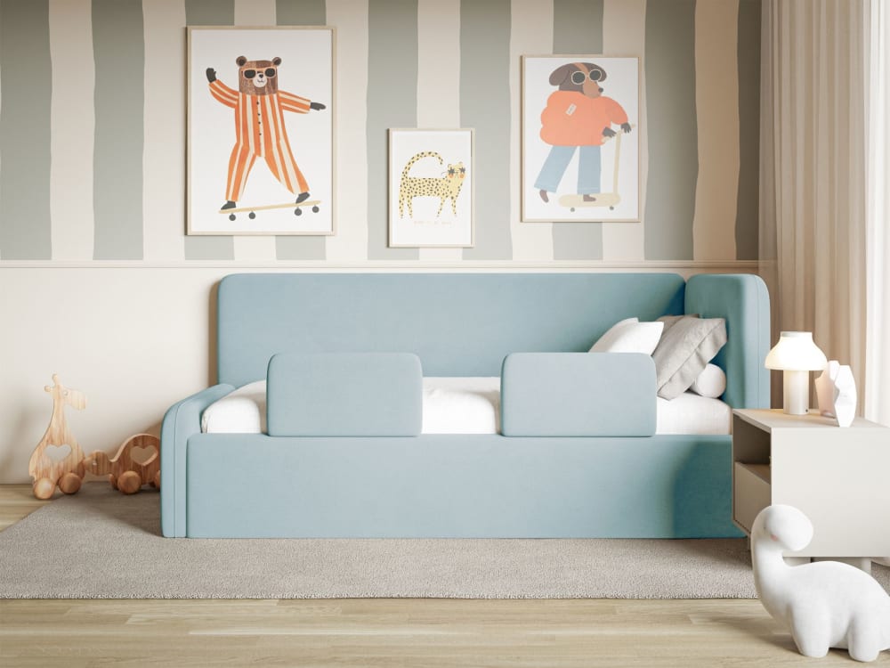 Kinderbett mit Kopfteil rechts, Rausfallschutz, Samt, Blau -