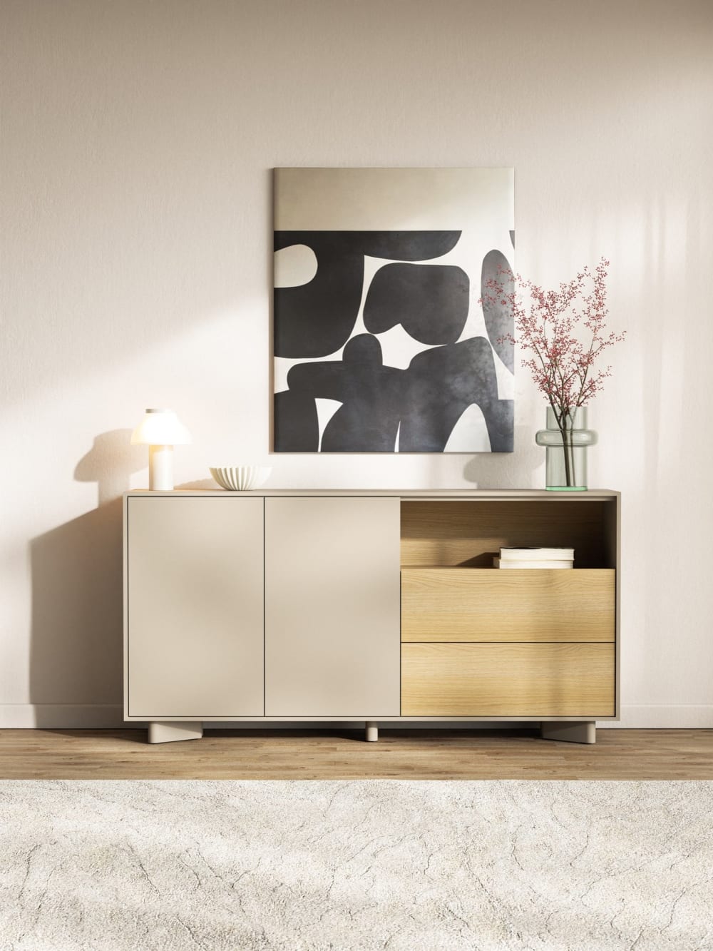 Sideboard in Kaschmirgrau / Eichenholzoptik, 156 cm - Maisons Du