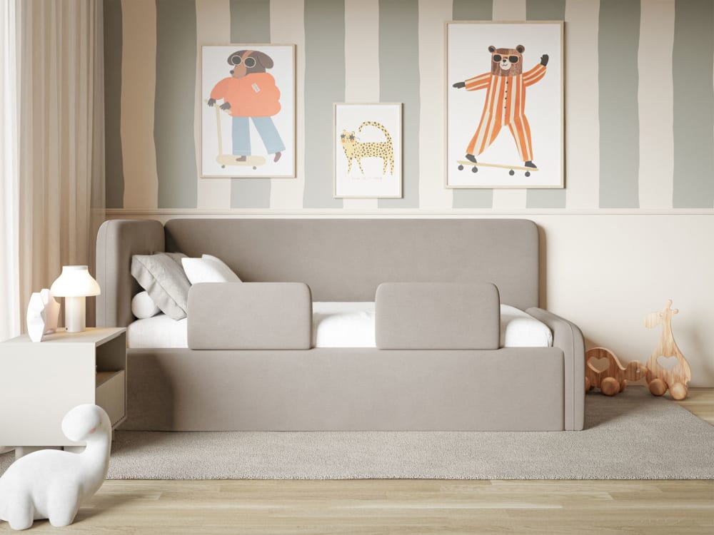 Kinderbett mit Kopfteil links, Rausfallschutz, Samt, Greige -