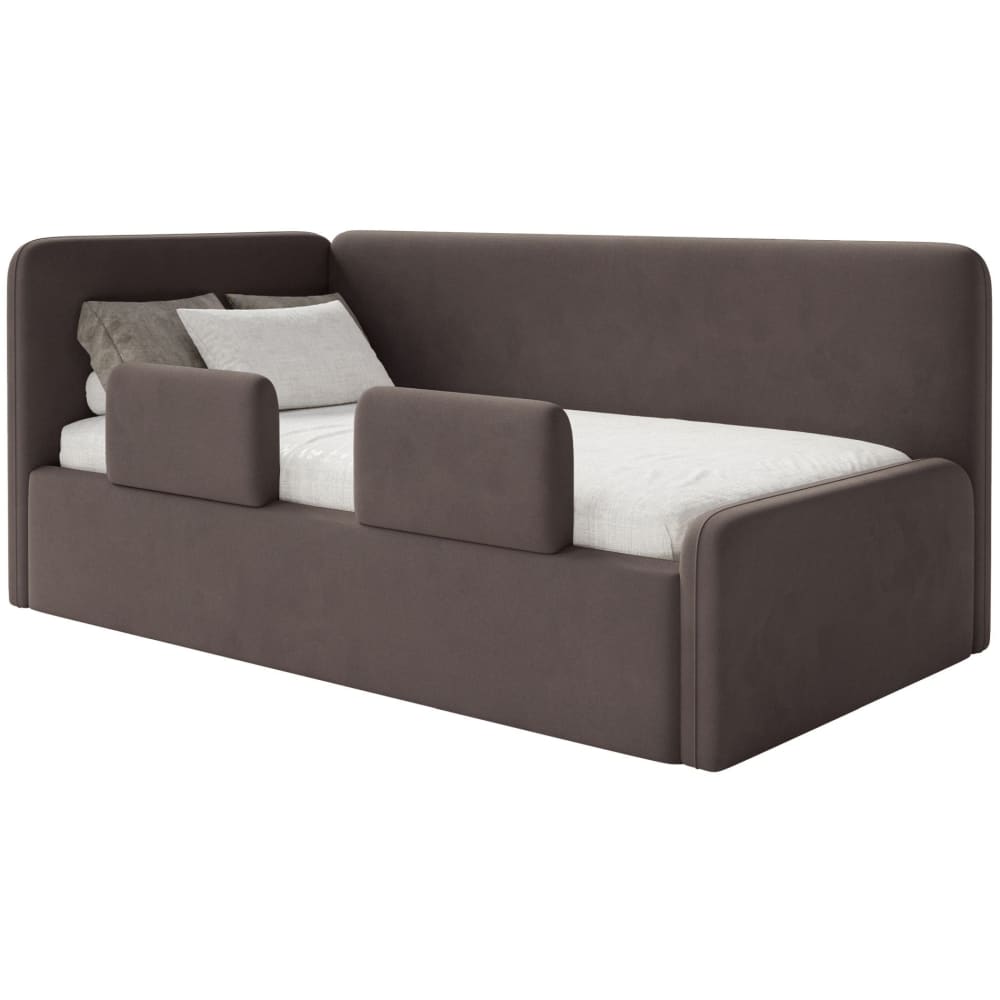Selsey Kinderbett mit Kopfteil links, Matratze, Rausfallschutz, Samt, Braun style modern BRAUN STOFF Baby