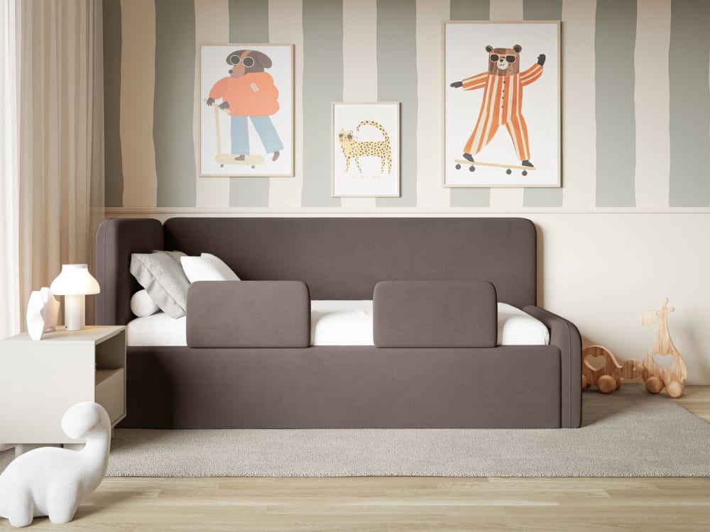 Kinderbett mit Kopfteil links, Matratze, Rausfallschutz, Samt,