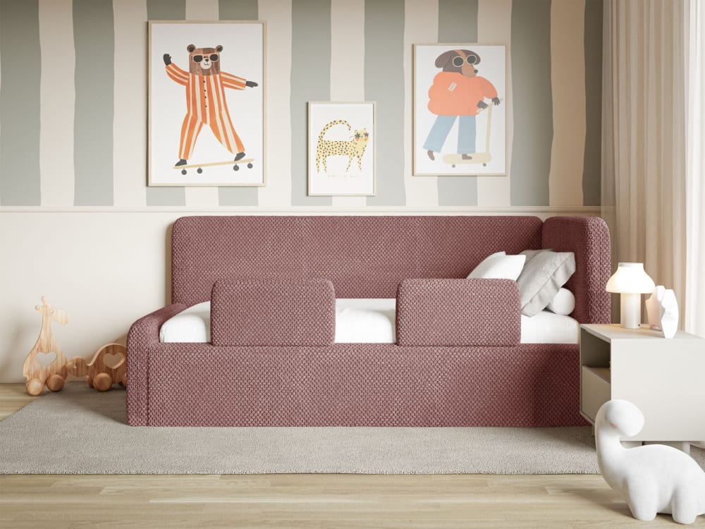 Jugendbett mit Kopfteil rechts, Bettkasten, Plüsch, Rosa -