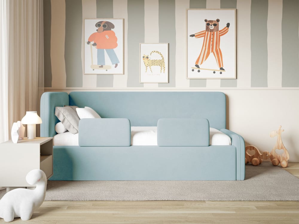 Kinderbett mit Kopfteil links, Rausfallschutz, Samt, Blau -