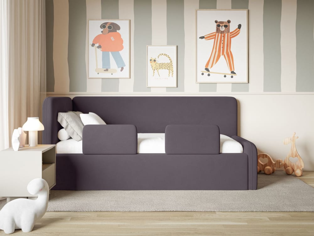 Kinderbett mit Kopfteil links, Rausfallschutz, Samt, Violett -