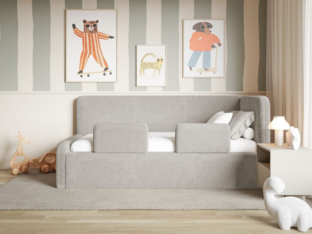 Jugendbett mit Kopfteil rechts, Bettkasten, Plüsch, Greige -