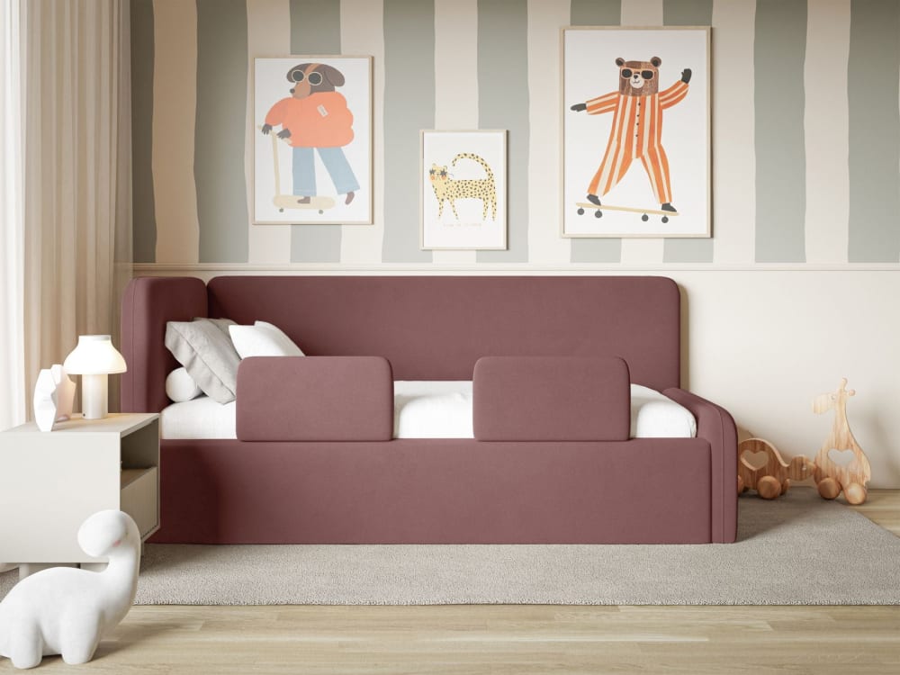 Kinderbett mit Kopfteil links, Matratze, Rausfallschutz, Samt,